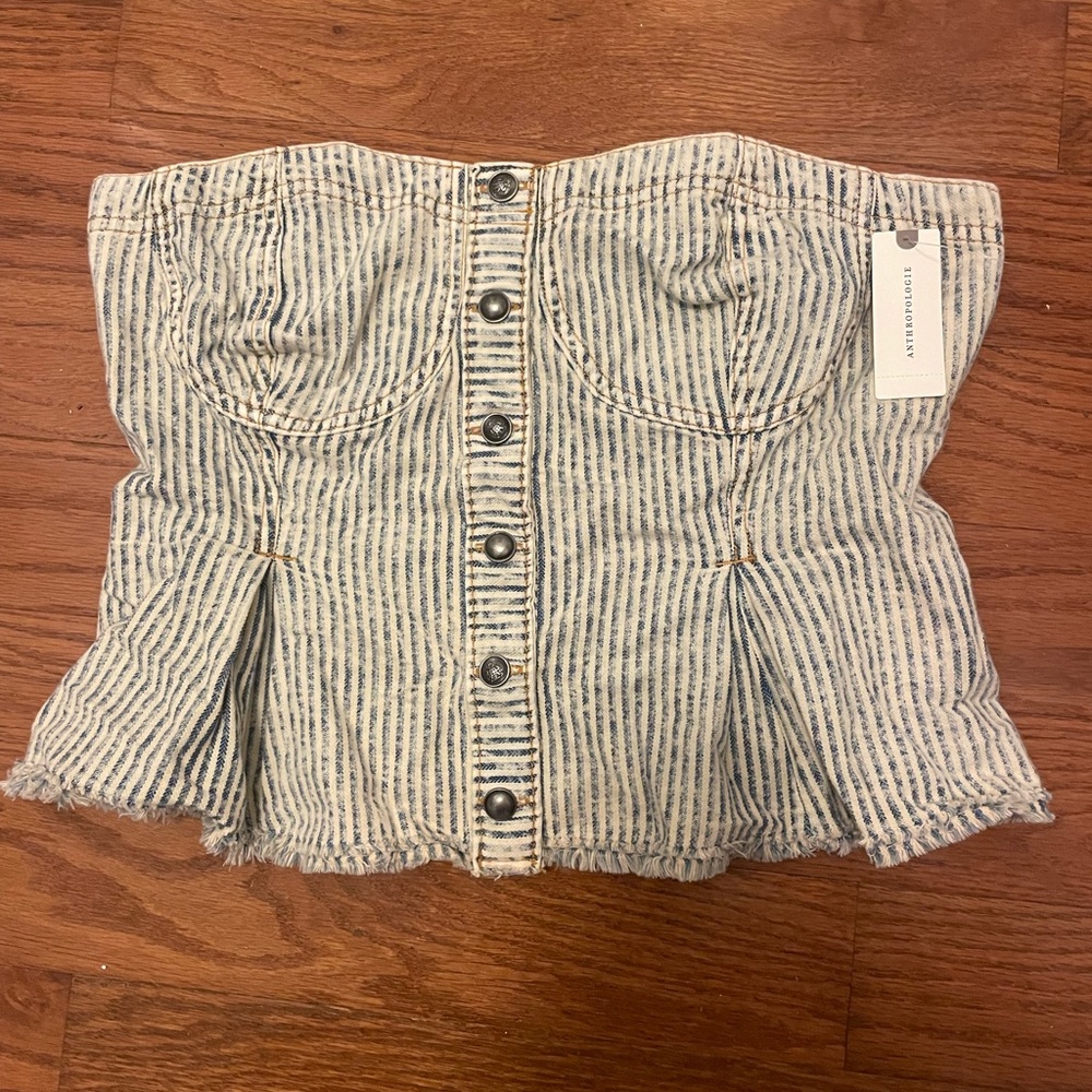 Pilcro Blue-Striped Cream Corset Crop Top